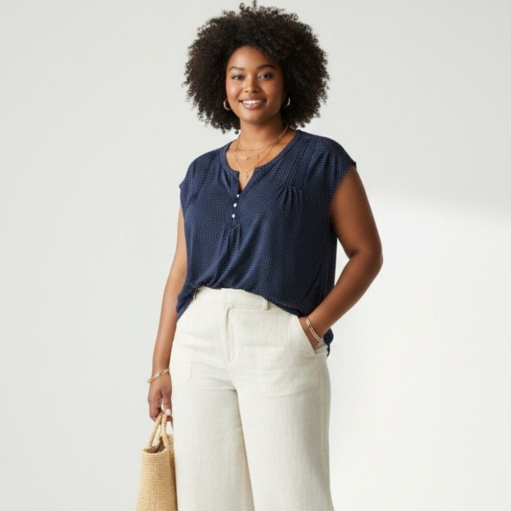 Daniel Rainn Polka Dot Short Sleeve Top NWT Women's Sz 2X Navy White Pleats